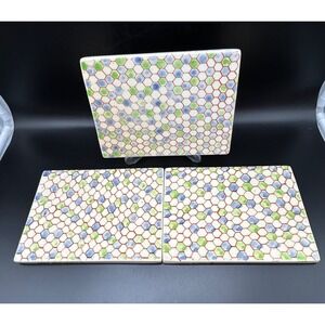 Mexican Tile Noe Suro Ceramic Trivet Tile 8x6" Honeycomb Design Set 3 Blue Green